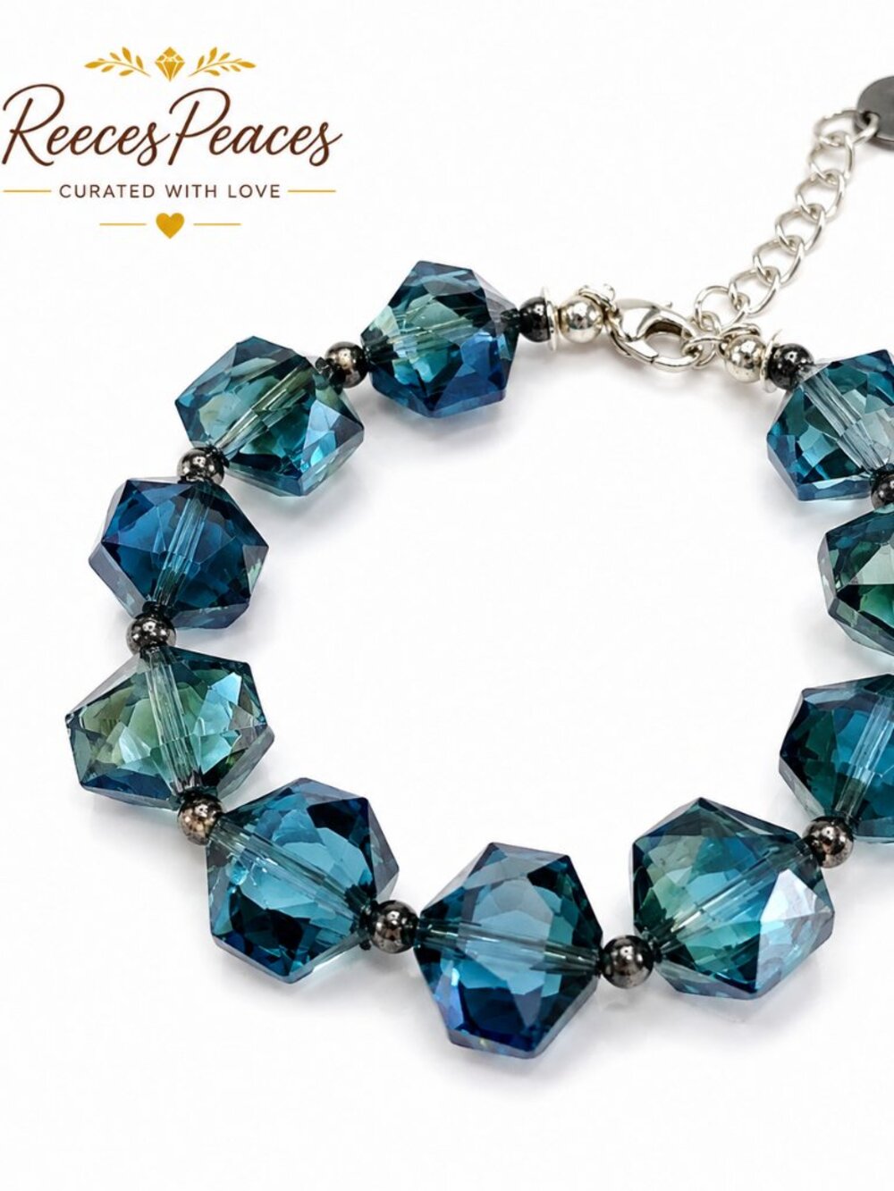 Smoky Teal Blue Faceted Glass Bracelet | Geometric Statement Jewelry